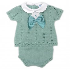 MC706-Sage: Baby Bow & Lace Knitted 2 Piece Set (0-9 Months)